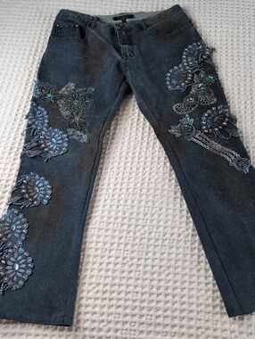 Boho Vintage Embellished Jeans with Sequin Appliqué